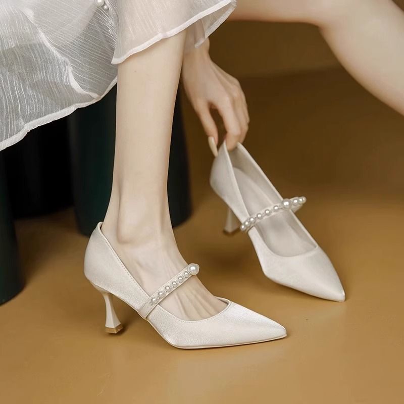 New French Stiletto Heels for Women, Off-White Pearls, No Heels, Hosting Banquets, Dresses, Bridesmaid Shoes, Wedding Shoes