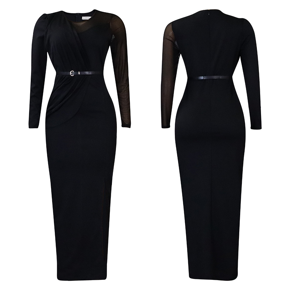 Damen Abendkleid Mit Langarm Und Mesh-einsatz Elegantes Festkleid_voghion.com