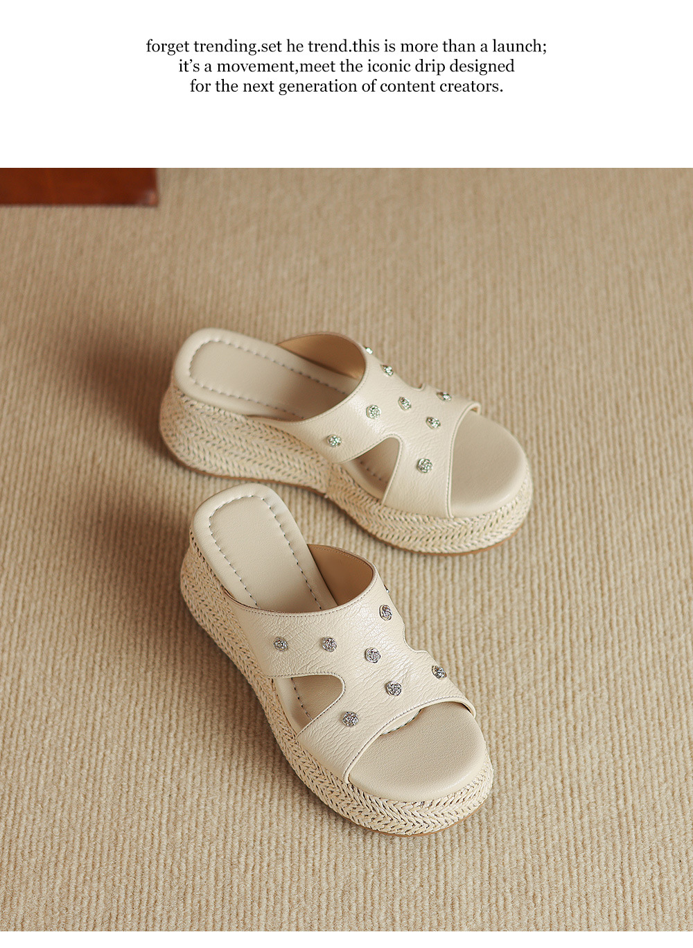 Dép sandal nữ đế dày da cừu họa tiết hoa — Trà sữa màu chi tiết 24