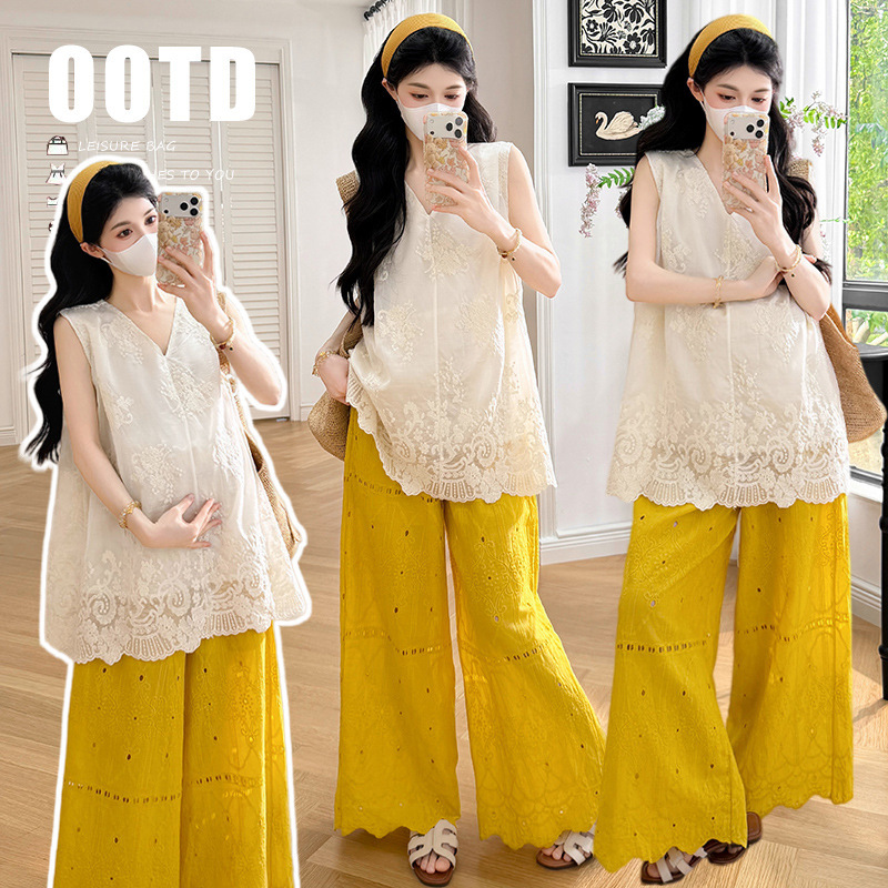 2026 Summer New Holiday Style Maternity Lace Top + Pig Nose Lace Cotton Wide-Leg Pants Set 2026 Summer New Holiday Style Maternity Lace Top + Pig Nose Lace Cotton Wide-Leg Pants Set