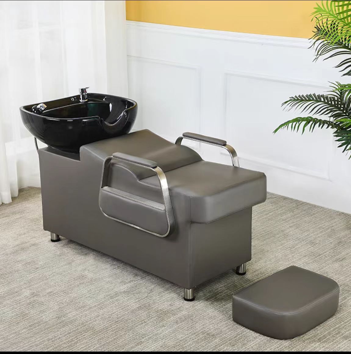 Cama de lavado de cabello para peluquería con reposapiés, lavabo de cerámica, cama de lavado de cabello semireclinable para peluquerías, cama de masaje y peluquería.