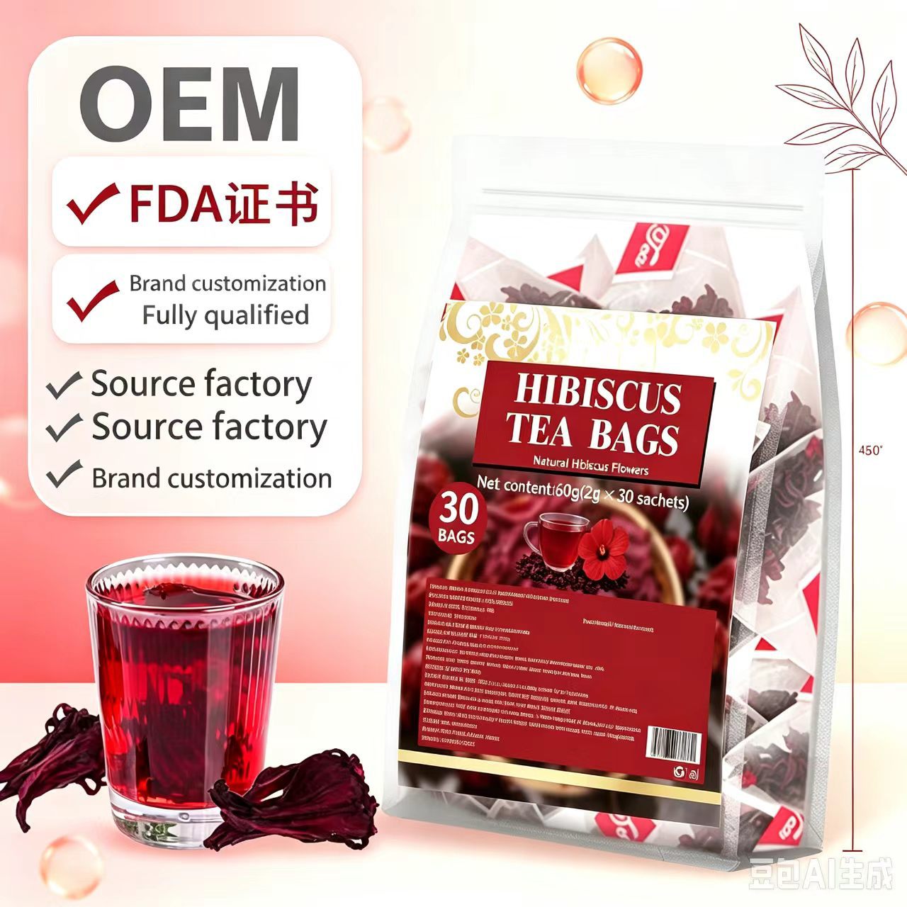 Roselle Hibiscus Tea Bags Luo Shen Hua 2g x 30 Bags Cold Brew Herbal Flower Tea in use