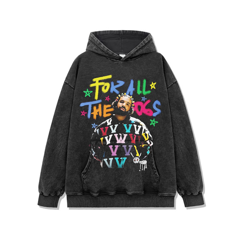 Cross-border American Hip Hop Trendy Duck DRAKE Printed Short-sleeved T-shirt Washed Old Long-sleeved Loose Hooded Sweater for Men