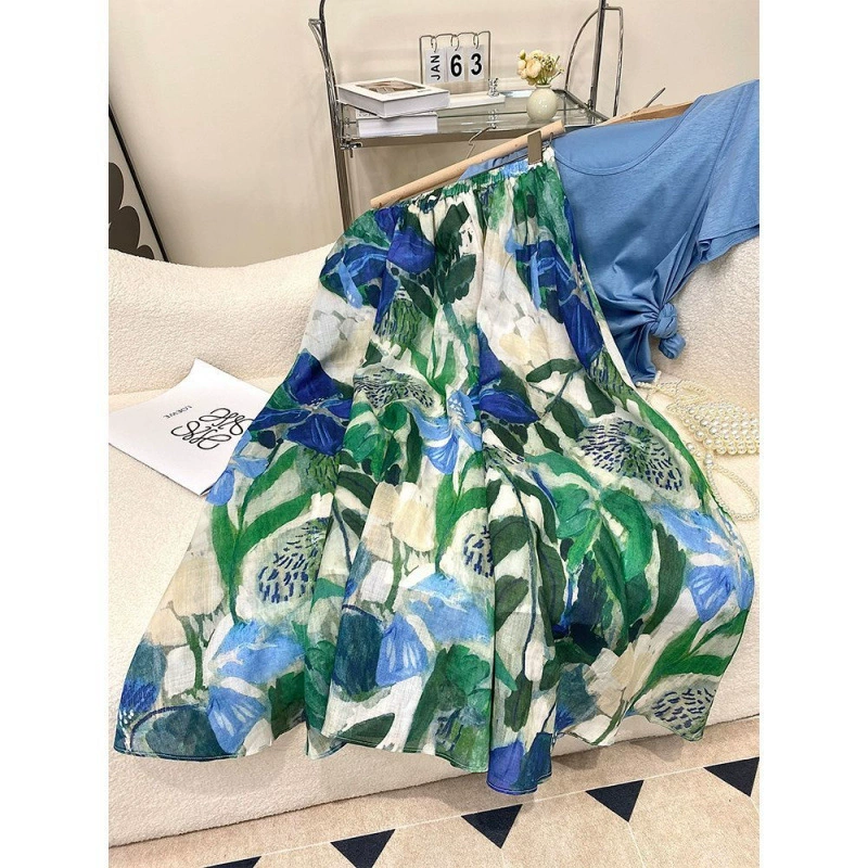 Юбка из рами, женская летняя женская юбка трапециевидной формы с большим подолом, женская юбка средней длины с эластичной резинкой на талии, женская юбка