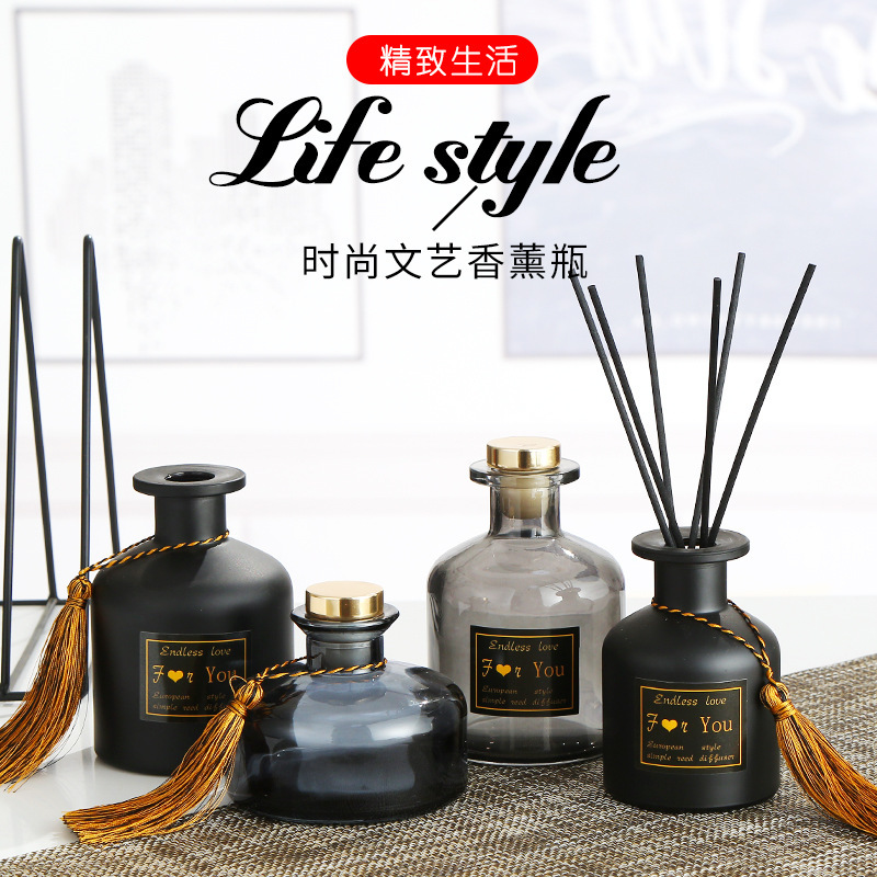 Fashionable Aromatherapy Bottle Empty Bottle Glass Diffuser Bottle Fire-Free Rattan Fragrance Essential Oil Bottle Spray Black Matte Big Belly Bottle