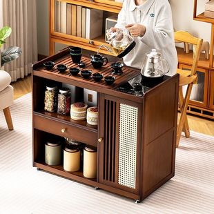 New Chinese-Style Tea Cabinet Mobile Tea Table for Home Balcony Small Tea Table Solid Wood Tea Cart with Kettle Integrated Sofa Side Table