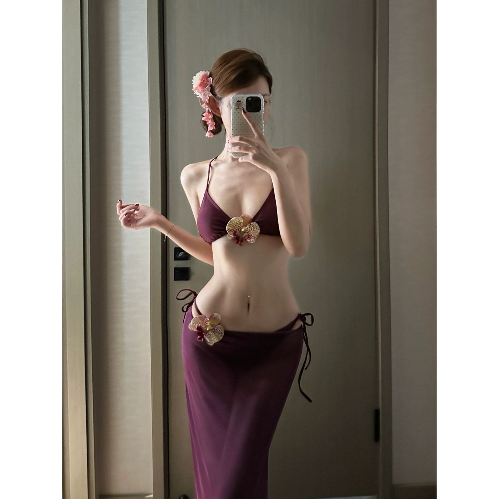 Purple Sexy Strap Two-Piece Bikini Set with Long Skirt for Hot Spring Beach Vacation