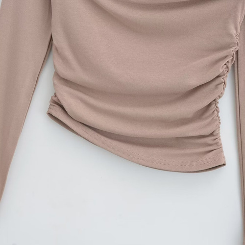 Women's Autumn Sweet and Spicy Instagram Slope-Shoulder Base Shirt Slim Folded Long-Sleeve Short T-Shirt