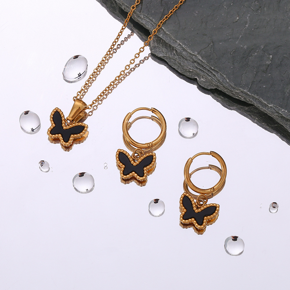 Fashion Simple Jewelry Acrylic Small Butterfly Pendant Stainless Steel Earrings Necklace Set