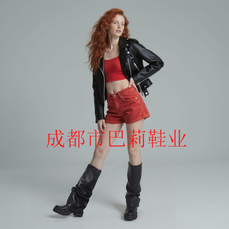 女式折叠靴休闲靴宽小腿褶皱防水台靴红色中高靴子厚实叠层靴大码|undefined