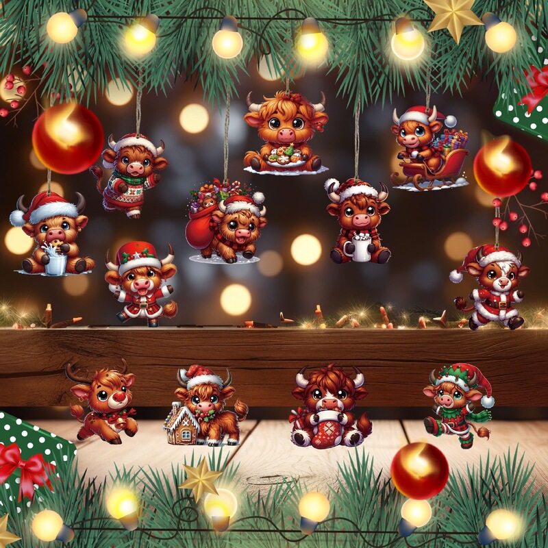 12個のクロスボーダー木製ハイランドカウ木製クリスマスオーナメント - クリスマスツリーオーナメントホリデーシーンデコレーション|undefined