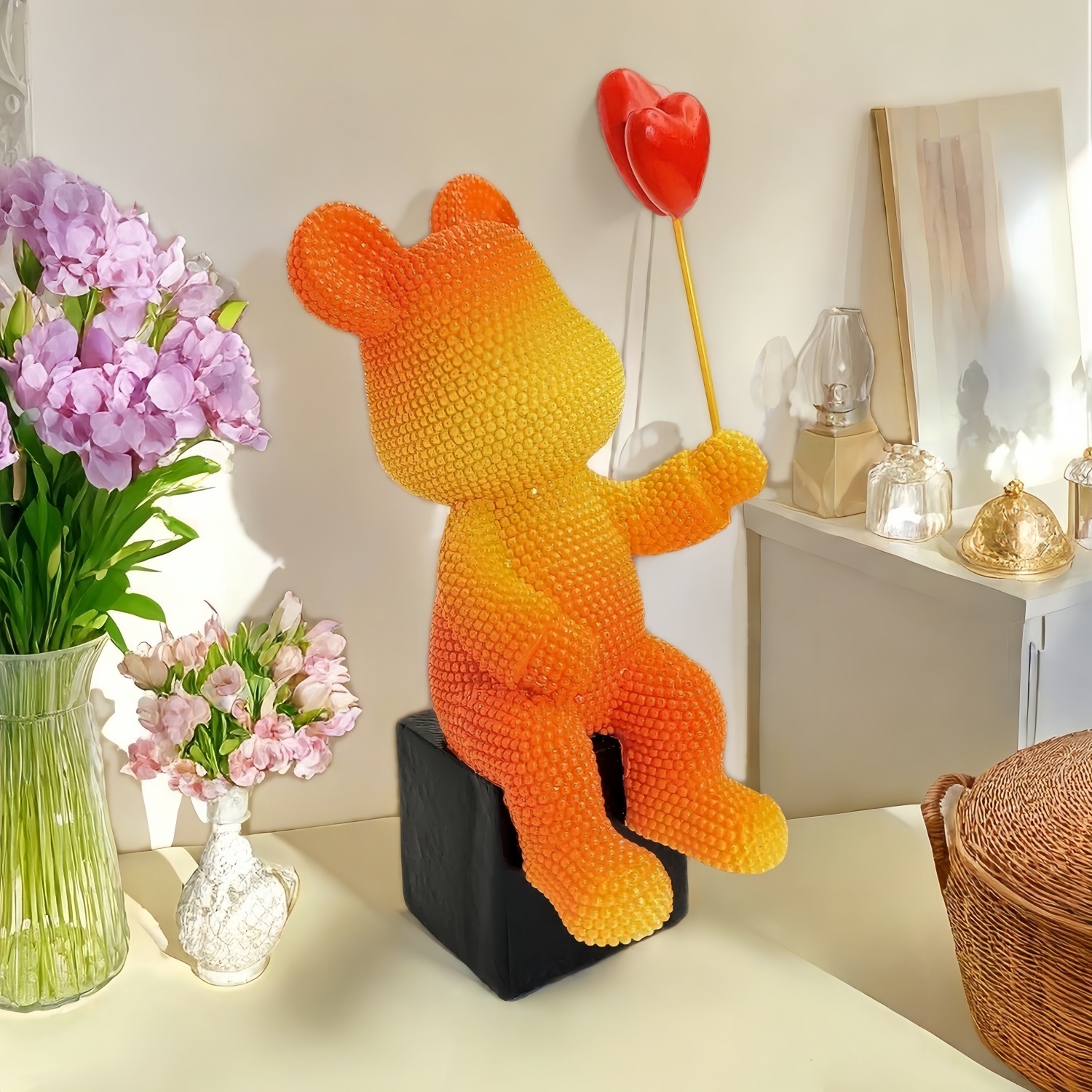 Nuevo globo de amor osos decoración sala de estar armario de televisión portón armario de vino lujo ligero violento oso red decoración de resina roja
