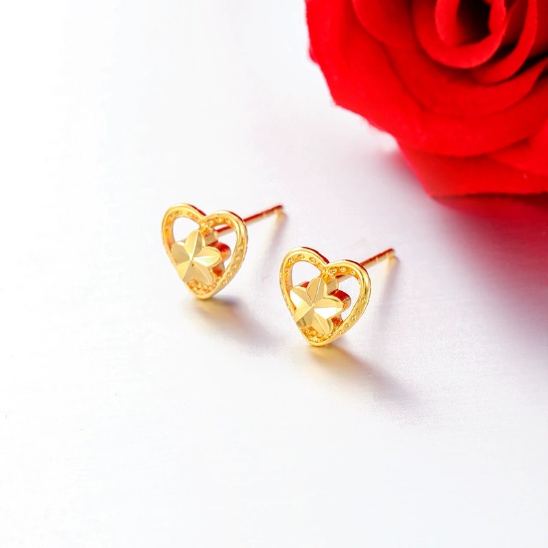 Pendientes de Corazón y Flor de Aleación de Cobre, Chapado en Oro de 24K para Mujer