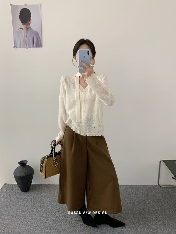 苏珊 韩系V领时尚减龄针织开衫上衣2025秋款小众上衣配飘带27537|undefined