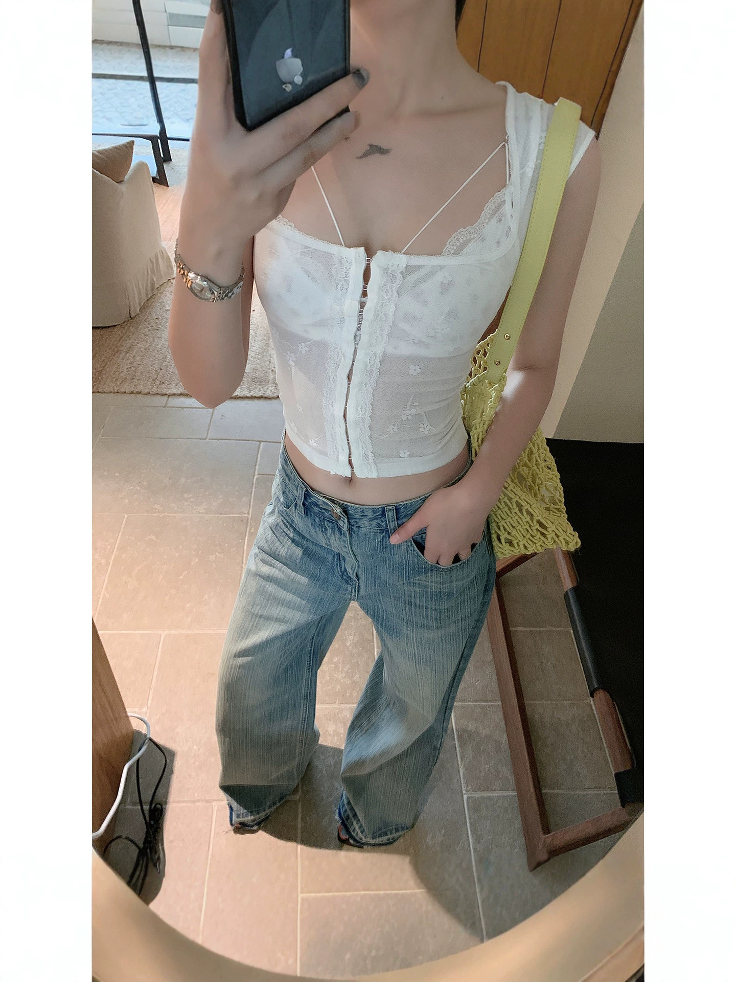 Summer New Style American Retro Bamboo Pattern Three-Dimensional Whisker Design Mid-Waist Frayed Jeans for Women