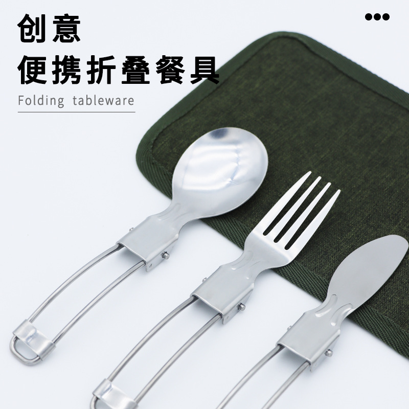 Outdoor camping picnic tableware travel foldable set of 3 stainless steel 430 folding knife fork spoon barbecue