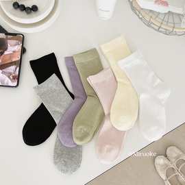 25秋冬新款米若581宽条纹纯色休闲无骨缝合纯棉吸汗女士袜子批发