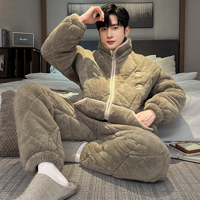 Wholesale Quilted Pajamas Men's Autumn and Winter fleece-lined Thickened Three-Layer Quilted Men's Autumn and Winter Outwear Home Clothes suit