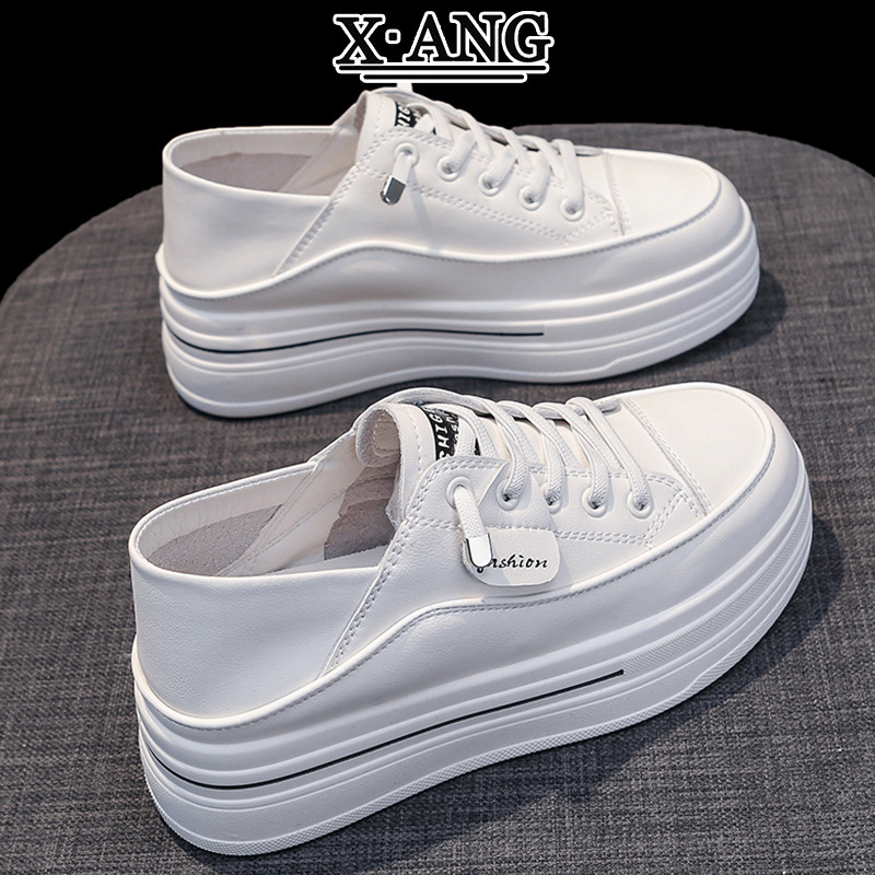 Genuine Leather Inner Height Increasing White Shoes for Women 2025 Spring and Summer New Thick-Soled Sneakers Casual Sports Shoes Two-Wear Flats