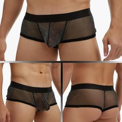 歐美外貿GAY男士內褲透視細網紗囊袋低腰寬邊小平角褲 大碼E076