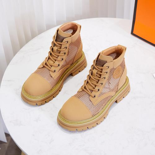 [High-definition silk cowhide] Women's Martin boots with increased height and permeable mesh, durable mesh rhubarb boots, thick-soled women's short boots