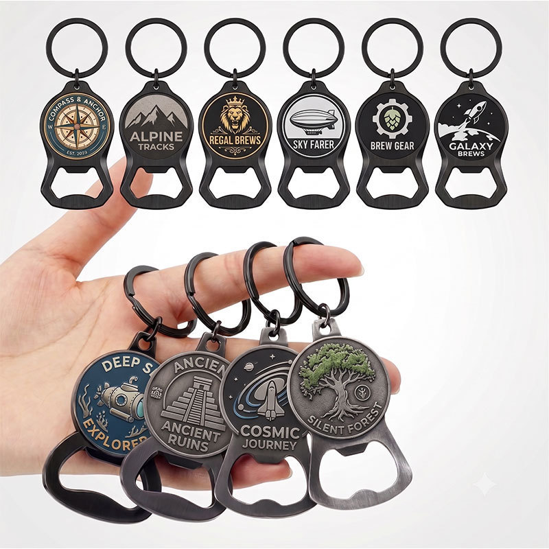 Customized metal bottle opener keychain with imitation enamel paint key pendant, cultural and creative promotional gift with corporate logo