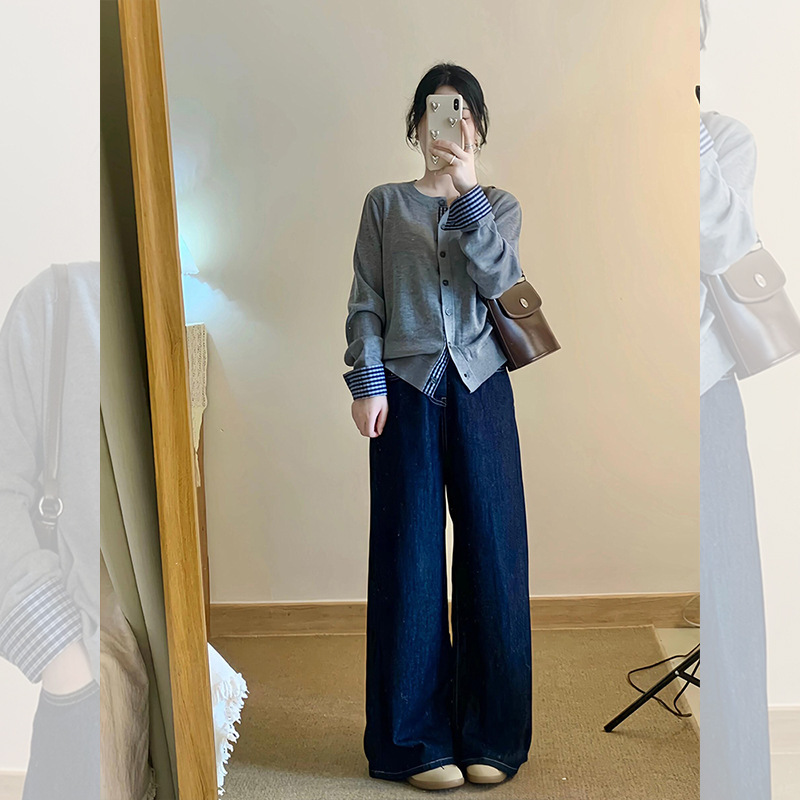 灰色小香风假两件打底衫开衫毛衣外套女秋冬慵懒设计感针织衫上衣|undefined