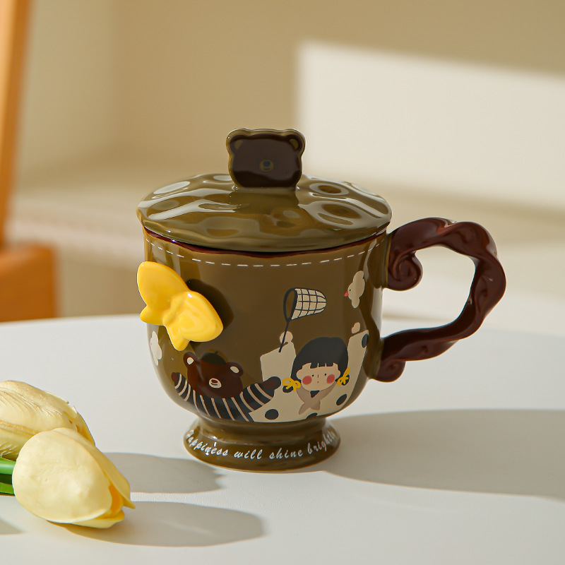 Retro chica taza de pie alto caja de regalo mariposa alta sensación de taza de cerámica con tapa de regalo de cumpleaños de chicas