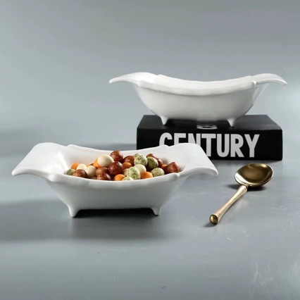 Ceramic Creative Bamboo Bowl Hotel Restaurant Soup Noodle Plate Pure White Irregular-Shaped Household Tableware Fruit Salad Dish Tray
