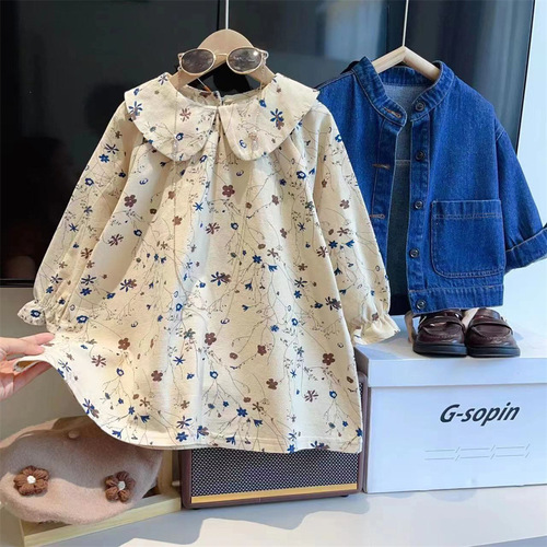 Girls Floral Dress  Autumn New Children's Doll Collar Princess Dress Baby Girl Long Sleeve Dress 22911