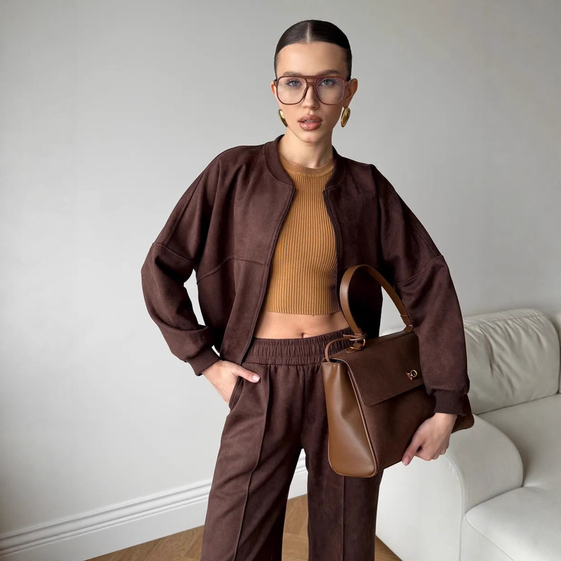 Amazon Cross-Border Casual European and American Solid Color Zipper Cardigan Women's Sweatshirt Suit Elastic Straight Pants Two-Piece Set for Women Amazon Cross-Border Casual European and American Solid Color Zipper Cardigan Women's Sweatshirt Suit Elastic Straight Pants Two-Piece Set for Women