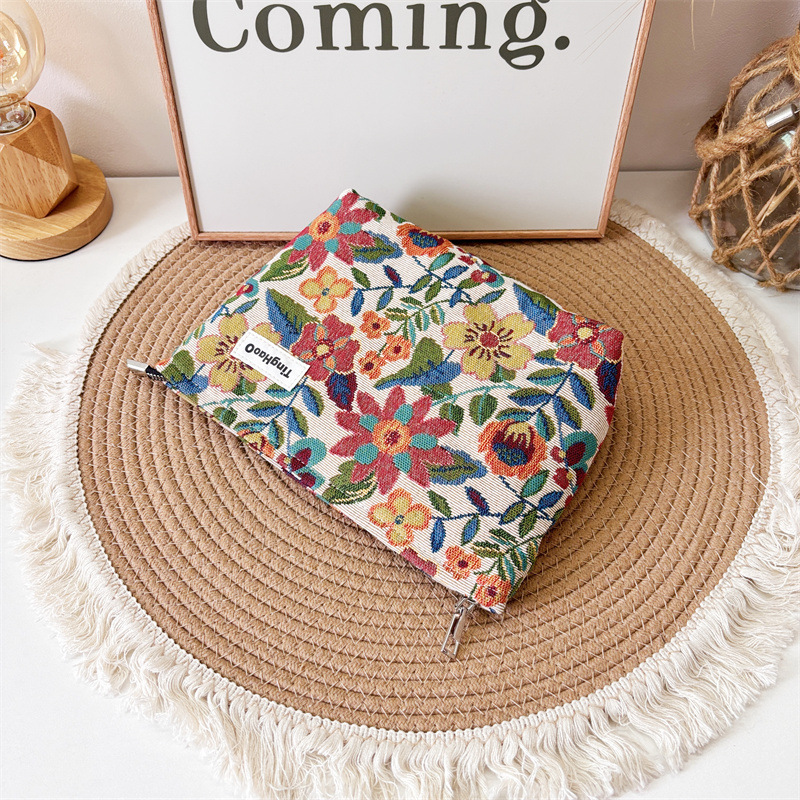 Flower Fabric Cosmetic Bag Mouth Red Envelope Storage Bag Portable Wash Bag Large Capacity Inner Bag Makeup Bag Women's Bag