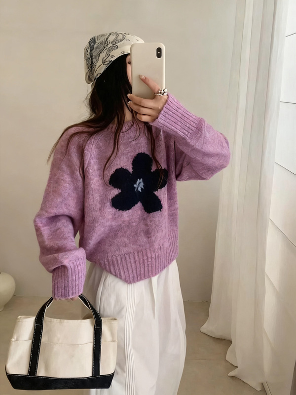 韩系花朵提花圆领毛衣套头女2025秋冬新款宽松设计感针织衫上衣潮|undefined