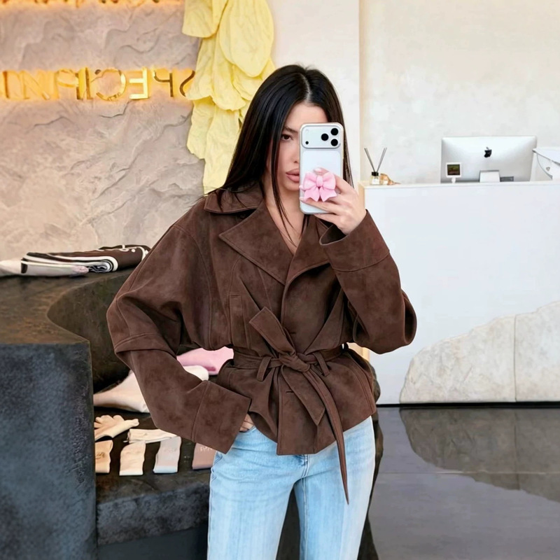 Cross-Border Foreign Trade European and American Style Short Faux Suede Trench Coat for Women, Versatile Lace-Up Biker Jacket, Women's Autumn Coat Cross-Border Foreign Trade European and American Style Short Faux Suede Trench Coat for Women, Versatile Lace-Up Biker Jacket, Women's Autumn Coat