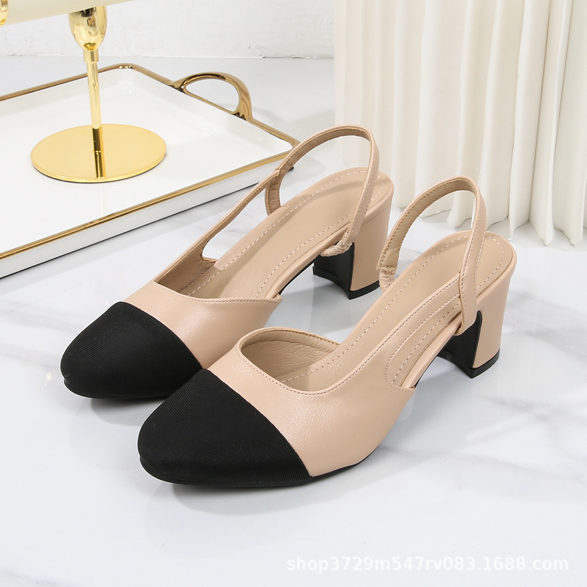 재고 크로스 보더 샤넬 스타일 컬러 매칭 빈 발가락 샌들 여성 스퀘어-발가락 두꺼운 힐 하이 힐 샌들 플랫 플러스 사이즈 신발