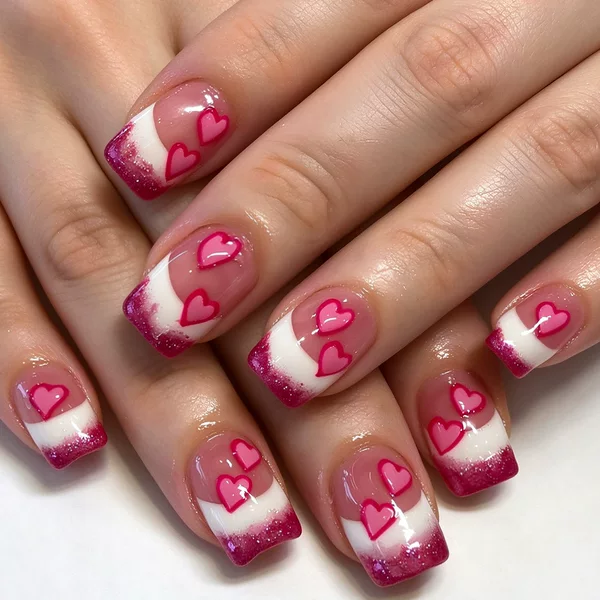 Chinese-Style Glitter Powder European and American Valentine's Day Nail Art French-Style Heart Elements Holiday Wearable Nail Pieces Fake Nails Cross-Border
