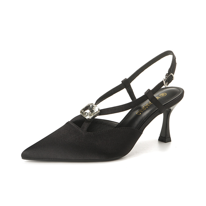 2025 verano nuevo estilo sexy tacones altos mujer tacones de aguja puntiagudos Baotou diamantes de imitación sexy hermana real zapatos de un solo cinturón