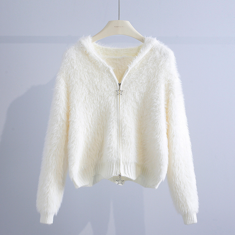 New Imitation Mink Velvet Hooded Sweater Jacket for Women Autumn and Winter Outer Wear Korean Style Loose Double-Ended Zipper Knitted Cardigan Thick New Imitation Mink Velvet Hooded Sweater Jacket for Women Autumn and Winter Outer Wear Korean Style Loose Double-Ended Zipper Knitted Cardigan Thick