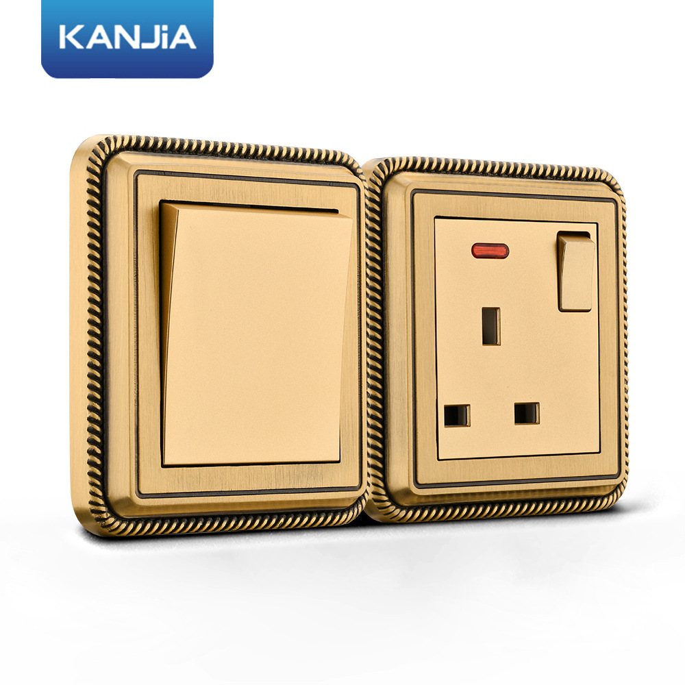 黄铜金属86型暗装墙壁插座面板多功能1一开带三孔13A三插带指示灯