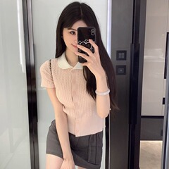2025年夏季新款韩版少女系娃娃领麻花短款包芯纱针织短袖上衣女