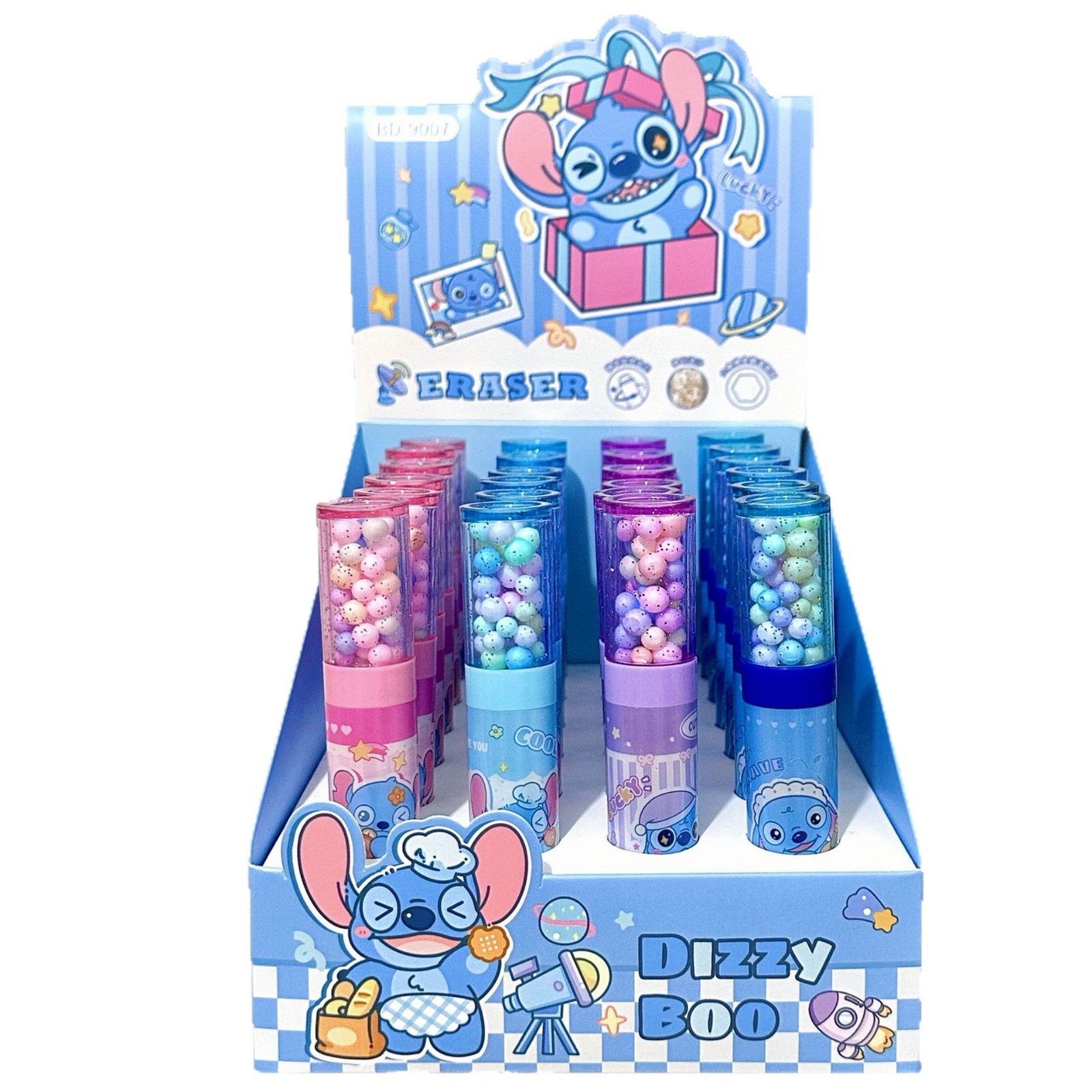 Caricatura azul pequeño empuje y tirar borradora de alto valor facial bola de espuma descompresión borradora de lápiz para estudiantes de papelería de aprendizaje