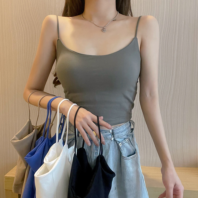2022夏季外穿美背抹胸帶胸墊打底上衣辣妹細肩吊帶背心女短款內搭