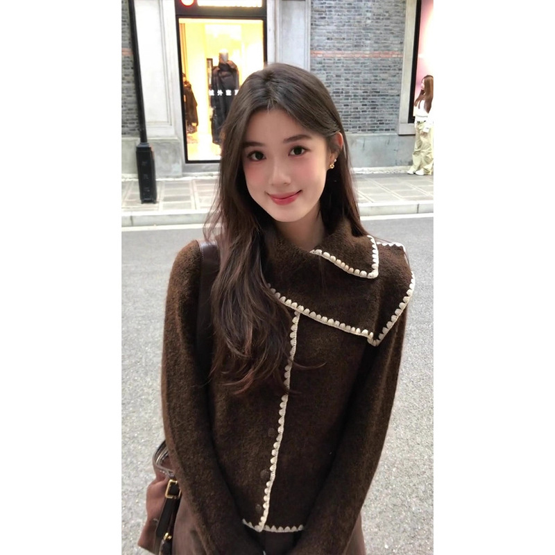 Melard Retro Coffee-Colored Scarf Collar Color-Block Sweater for Women 2025 Autumn and Winter New Single-Breasted Knitted Short Top