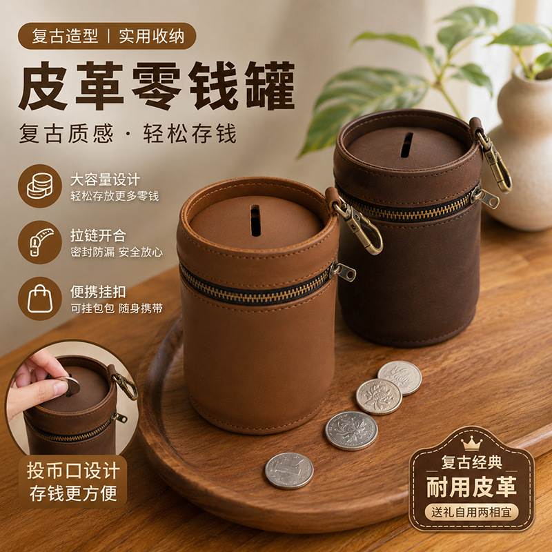 工厂现货复古pu皮革零钱罐 大容量拉链硬币收纳罐 便携挂扣零钱罐