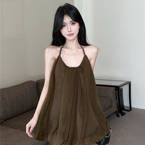 /Peter Pan elf bud hanging neck lace vacation style backless stretch gauze dress