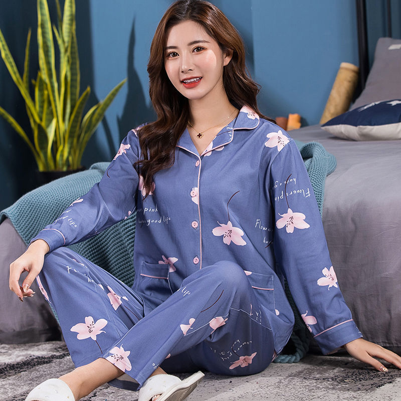 100% pijamas de algodón de primavera y otoño de las mujeres de manga larga suelta más tamaño desgaste del hogar traje de dos piezas desgaste exterior