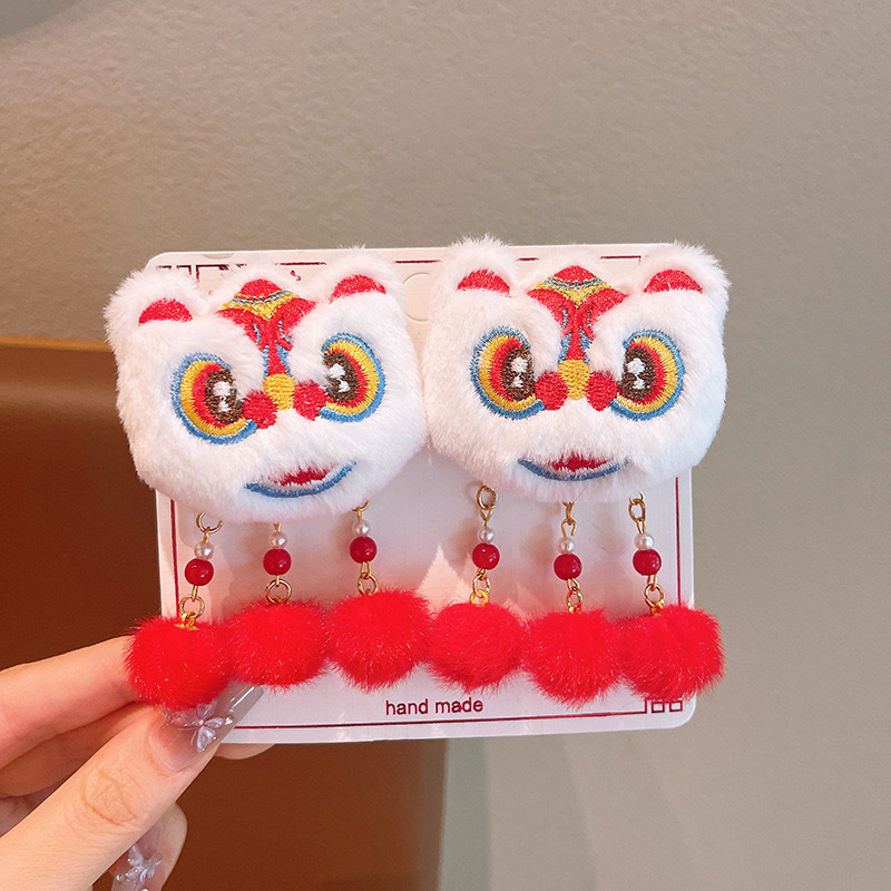2025 Año Nuevo de peluche despierta león clips de Año Nuevo niñas clips de cabello bebé estilo chino Hanfu clips de cabello adornamiento