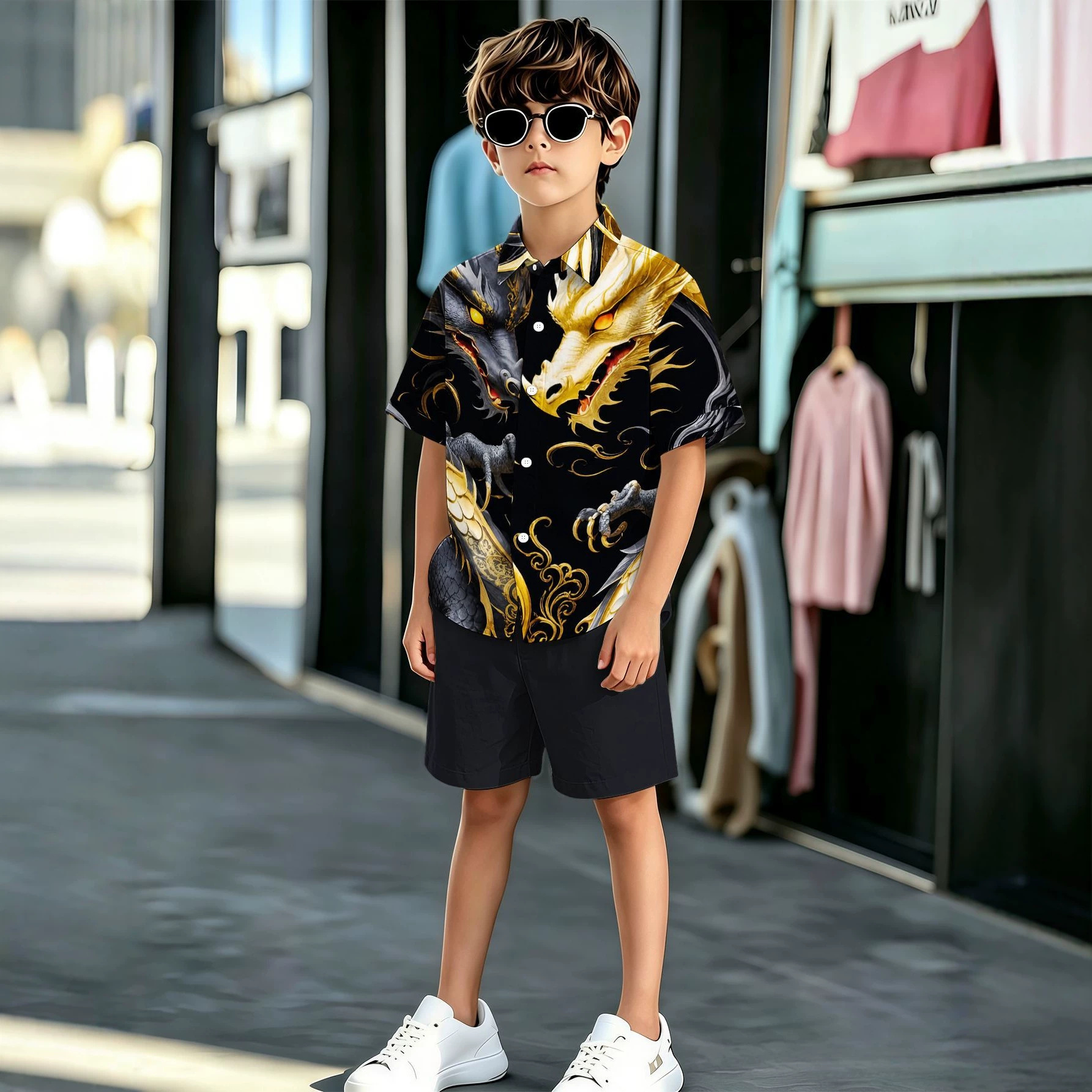 New Product Designs With 3D Printed Patterns, Boys' Shirt And Shorts Set, For Sales_voghion.com