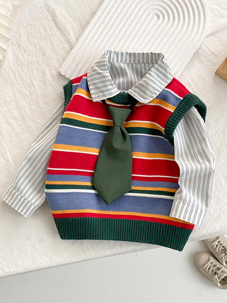 Chaleco para niños, ropa de primavera y otoño, suéter de estilo extranjero, cuello redondo, estilo universitario, tendencia retro, suéter a rayas para hombres y mujeres, tendencia