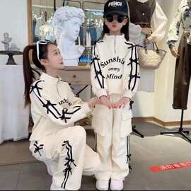 女童春秋装半拉链立领套装设计感蝴蝶结织带工装裤运动休闲两件套